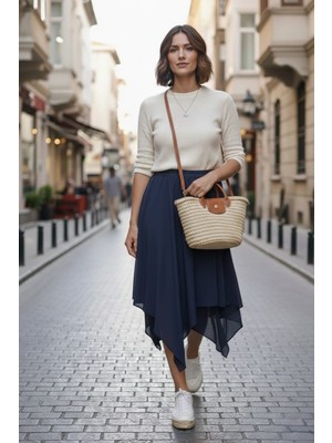 Bnz Tekstil Kadın Asimetrik Muz Krep Beli Lastikli Çift Katlı Rahat Kalıp Etek