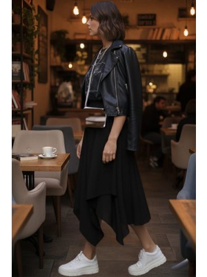 Bnz Tekstil Kadın Asimetrik Muz Krep Beli Lastikli Çift Katlı Rahat Kalıp Etek