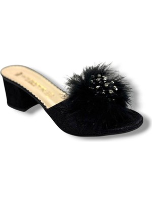 Whipper 9802-26 Nakışlı Incili Taşlı Kalın Topuk Tüylü Kadın Terlik