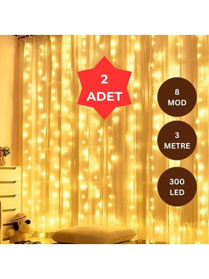 Yeco 2’li Set 300 LED Gün Işığı Perde LED 3x3 Metre – 10 Sarkıtlı, 8 Modlu, Kumandalı, Dekoratif Işık