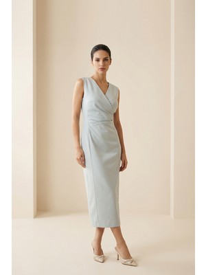 Setre Bebe Mavi Tam Kalıp Kolsuz Kruvaze Yala Dikiş Detaylı Midi Boy Elbise