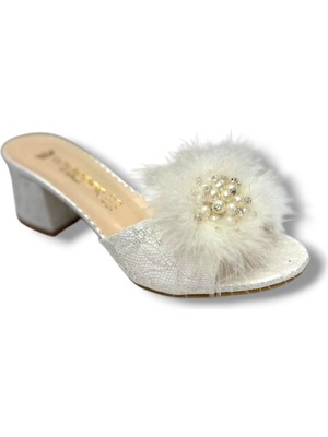 Whipper 9802-26 Nakışlı Incili Taşlı Kalın Topuk Tüylü Kadın Terlik