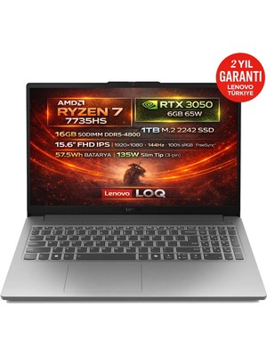 Lenovo LOQ 15ARP10E AMD Ryzen 7 7735HS 16GB 1TB SSD RTX 3050 6GB 15.6" FHD (1920X1080) IPS 144Hz Freedos Taşınabilir Bilgisayar 83S00032TR