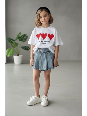 Miniğimin Cicileri Kalp Baskılı Kot Şort Etekli Kız Çocuk Oversize 2 Li Takım - Beyaz