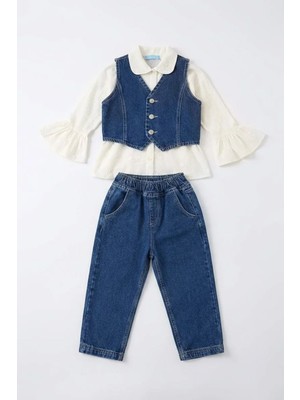 Miniğimin Cicileri Vintage Kot Yelekli Fırfır Kol Gömlekli Kız Çocuk 3’lü Jean Takım - Mavi