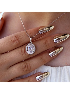 TB Takı Boom Zirkon Taşlı Oval Gümüş Kolye, Beyaz Taşlı Kadın Kolye, Rodyum Kaplama