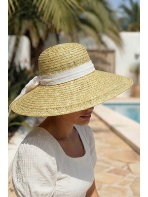 Verahed Kadın Hasır Plaj Şapkası Geniş Kenarlı Kurdeleli Ayarlanabilir Yazlık Güneş Şapkası Tesettür Uyumlu