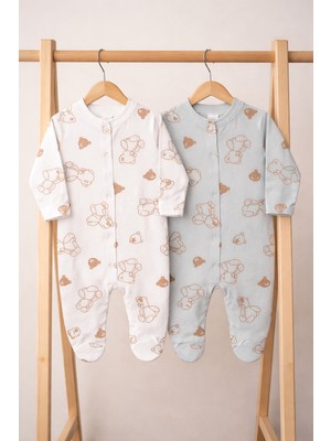%100 Pamuklu Patikli Ayıcık Desenli Yenidoğan 2'li Tulum Seti 0-3-6 Ay Unisex