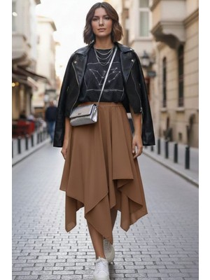 Bnz Tekstil Kadın Asimetrik Muz Krep Beli Lastikli Çift Katlı Rahat Kalıp Etek