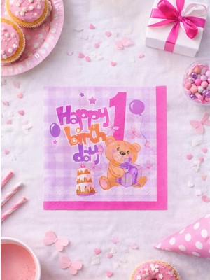 Parti Adresi 1 Yaş Peçete Happy Birthday Yazılı Kız Çocuk Peçete Pembe