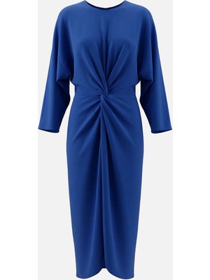 Setre Saks Uzun Kollu Belden Büzgü Detaylı Midi Boy Elbise