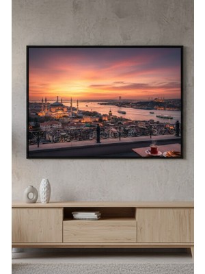 Safir Design Boğaz Manzaralı, Simit ve Çay Temalı Dekoratif Çerçeveli Tablo