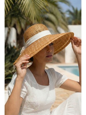 Verahed Kadın Hasır Plaj Şapkası Geniş Kenarlı Kurdeleli Ayarlanabilir Yazlık Güneş Şapkası Tesettür Uyumlu