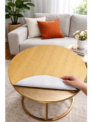 Orta Sehpa Gold Paralel Çizgili Yuvarlak Pvc Dantelli Sehpa Örtüsü Çeyizlik Masa Örtüsü Gold