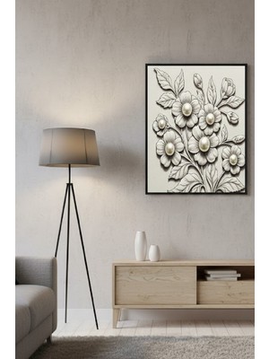 Safir Design Krem Tonlarında Inci Işlemeli Çiçek Buketi Çerçeveli Tablo