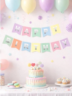 Parti Adresi Happy Birthday Yazı Doğum Günü Banner Parti Süsü Makaron Gümüş