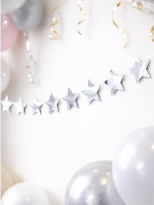 Parti Adresi Gümüş Yıldız Sarkıt Süs | Parlak Kuşe Kağıt Parti Dekoru Süs 5 M