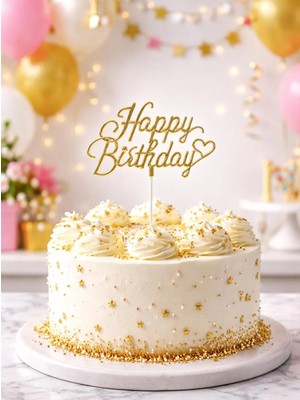 Parti Adresi Altın Happy Birthday Kalpli Pasta Süsü – Doğum Günü Pasta Dekoru