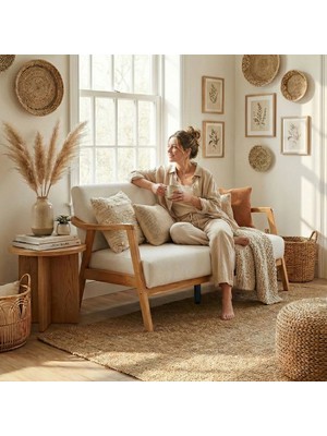 Sevilla Bohem Ikili Kanepe Natürel Ahşap, Kırık Beyaz