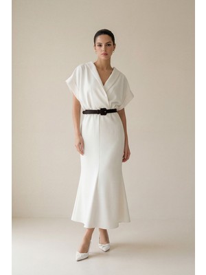 Setre Ekru Kruvaze Yaka, Kısa Kollu Kemer Detaylı Uzun Elbise