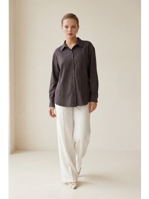 Setre Acı-Kahve Dikiş Detaylı Rahat Kesim Uzun Kollu Gömlek