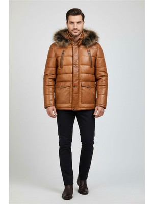 Deriderim Taba Kürklü Kapüşon Tasarım Düğme ve Fermuar Kapamalı Şişme Kapitone Hakiki Deri Kaban