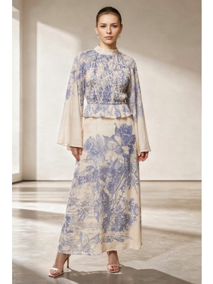 Setre Krem-Mavi Uzun Kollu Bel ve Yaka Detaylı Belden Oturtmalı Desenli Midi Boy Elbise