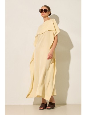 Setre Tereyağ Sarısı Katmanlı Üst Detaylı, Uzun Form Rahat Kesim Elbise