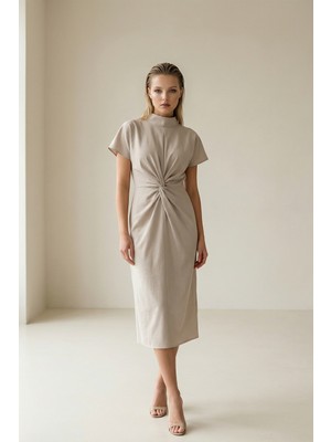 Setre Taş Düğüm Detaylı, Kısa Kollu Balıkçı Yaka Midi Boy Elbise