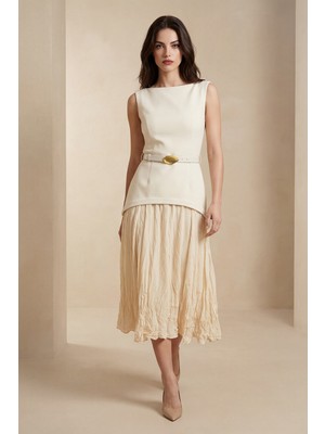 Setre Bej-Sarı Kolsuz Belden Kemerli Kayık Yaka Elbise