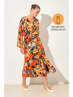 Setre Oranj V Yaka Kol Ve Bağlama Detaylı Desenli Elbise