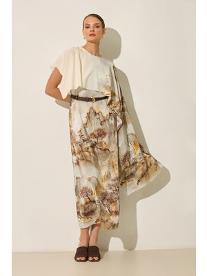 Setre Bej Şal Detaylı Belden Kemerli Desenli Midi Boy Elbise
