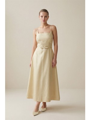 Setre Amber Tafta Kumaş Bel Detaylı İnce Askılı Rahat Kesim Elbise