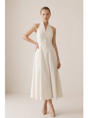 Setre Krem %100 Pamuk Asimetrik Yaka Detaylı Belden Oturtmalı Rahat Kesim Midi Elbise