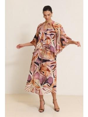 Setre Mürdüm Uzun Kollu Desenli Rahat Kesim Elbise