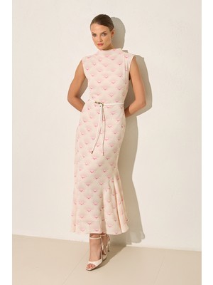 Setre Pembe/ Krem Desenli, Kuşak Detaylı Kolsuz Balıkçı Yaka Uzun Elbise