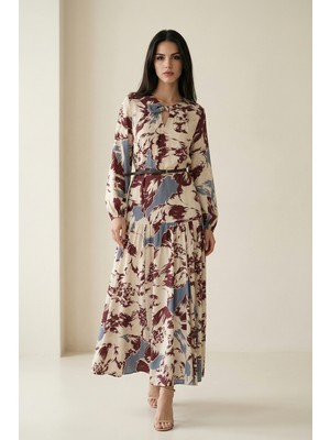 Setre Bordo-Mavi Boyun ve Bel Detaylı Kemerli Desenli Midi Boy Elbise