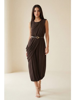 Setre Acı-Kahve Kol Ve Asimetrik Kumaş Detaylı Kemerli Midi Boy Elbise