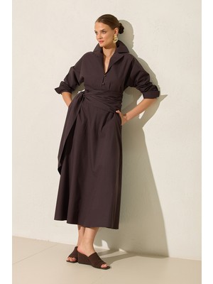 Setre Acı-Kahve Gömlek Yaka Belden Kemer Detaylı Rahat Kesim Midi Boy Elbise