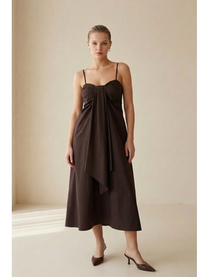 Setre Acı-Kahve %100 Pamuk Yaka Detaylı Rahat Kesim Elbise