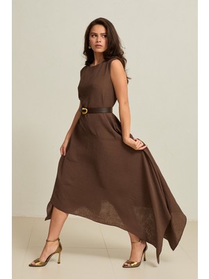 Setre Kahverengi Kemer Detaylı Kolsuz Asimetrik Kesim Elbise