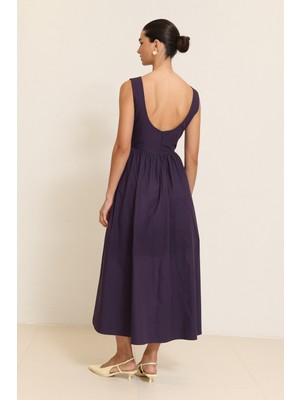 Setre Mor Kolsuz Belden Oturtmalı Midi Boy Elbise