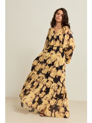 Setre Siyah-Sarı V Yaka Uzun Kol Pilise Detaylı Rahat Kesim Uzun Elbise