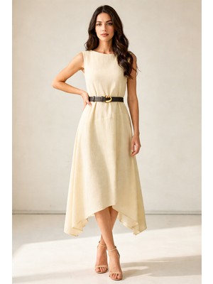 Setre Tereyağ Sarısı Kemer Detaylı Kolsuz Asimetrik Kesim Elbise