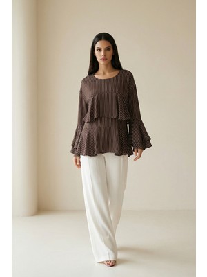 Setre Acı-Kahve Kol Ve Hafif Fırfır Detaylı Çizgili Bluz