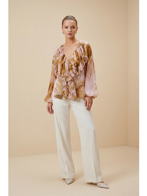 Setre Pembe Desenli Rahat Kesim Bluz