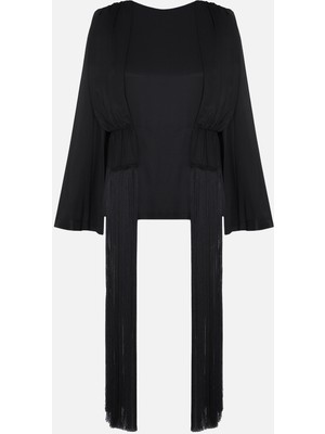 Setre Siyah Saçak Detaylı, Uzun Kollu Rahat Kesim Bluz