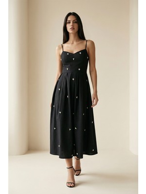 Setre Siyah Tafta Kumaş İnce Askılı Taş Detaylı Rahat Kesim Elbise