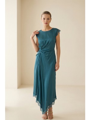 Setre Zümrüt Belden Büzgü Ve Dantel Detaylı Midi Elbise