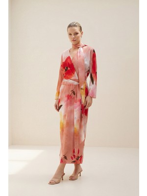 Setre Koyu Pudra Şal Detaylı Belden Oturtmalı Kruvaze Yaka Desenli Elbise